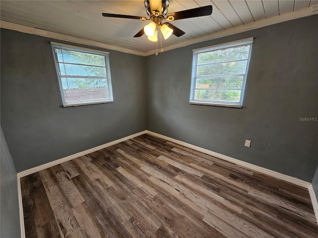 spare room featuring crown molding, hardwood / wood-style flooring, and ceiling fan