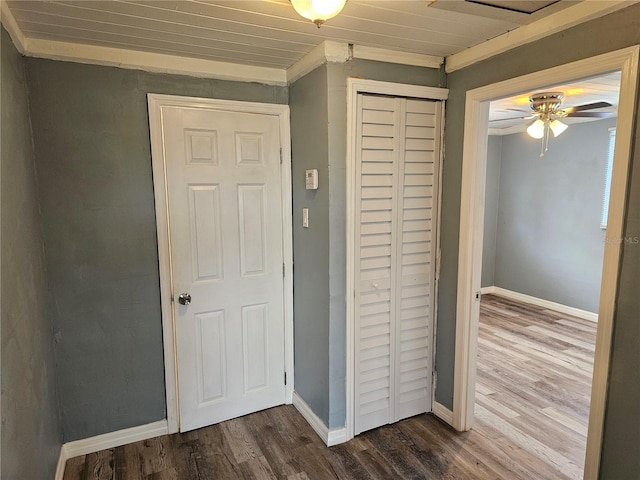 interior space with wood ceiling and hardwood / wood-style floors