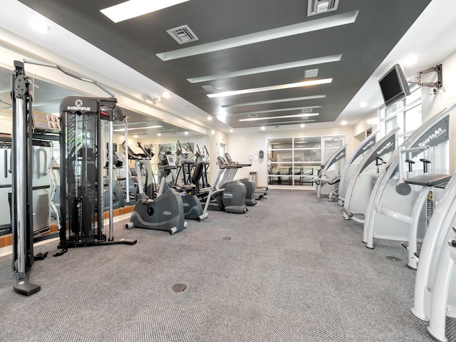 workout area featuring carpet floors