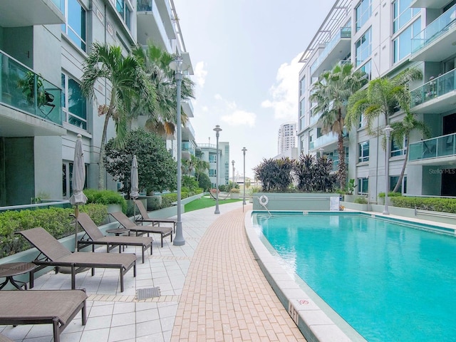 view of swimming pool featuring a patio