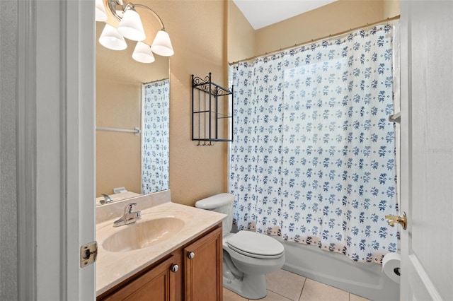 full bathroom featuring vanity, tile patterned flooring, toilet, and shower / bathtub combination with curtain