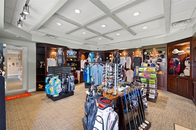 misc room with light carpet, coffered ceiling, and beamed ceiling