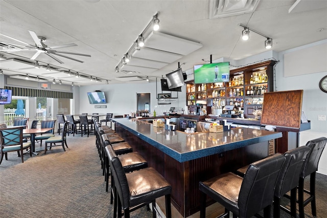 bar with carpet and ceiling fan