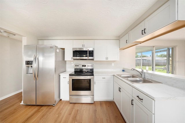 kitchen featuring appliances with stainless steel finishes, a textured ceiling, white cabinetry, light hardwood / wood-style floors, and sink