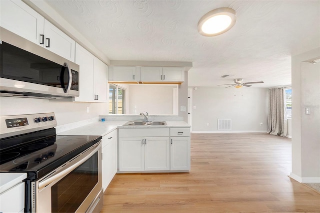 kitchen with white cabinetry, light hardwood / wood-style floors, stainless steel appliances, and sink