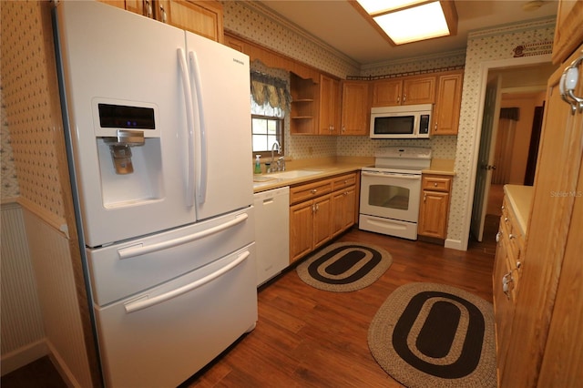 kitchen with dark hardwood / wood-style flooring, sink, and white appliances