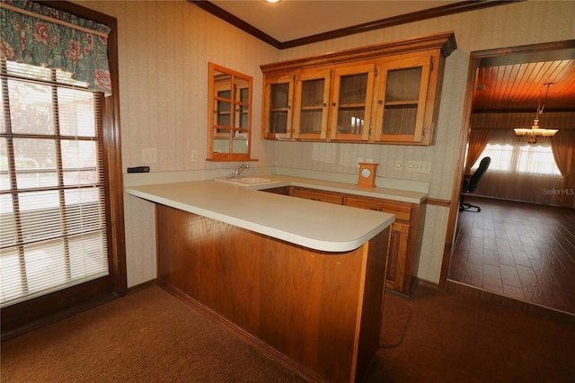 kitchen with sink, kitchen peninsula, hanging light fixtures, dark wood-type flooring, and an inviting chandelier