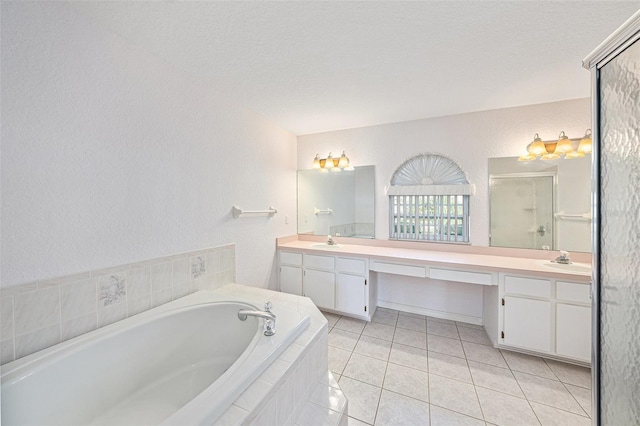 bathroom with vanity, plus walk in shower, and tile patterned floors