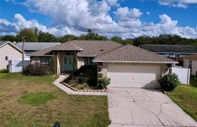 single story home with a garage and a front lawn