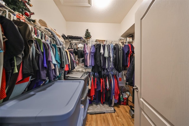 walk in closet with separate washer and dryer and light hardwood / wood-style flooring