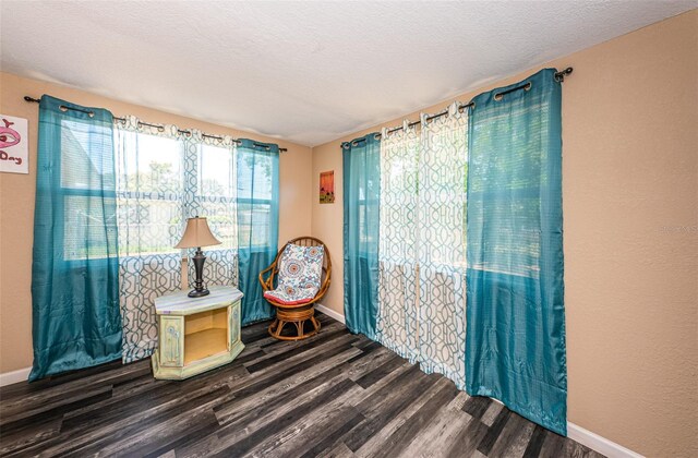 sitting room with dark hardwood / wood-style floors and a textured ceiling