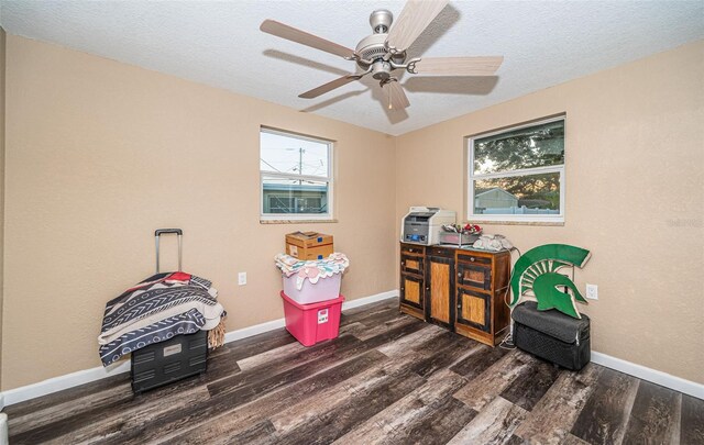 interior space featuring dark wood-type flooring, a textured ceiling, and ceiling fan