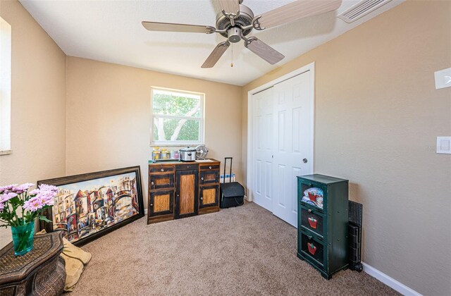 interior space featuring ceiling fan and a closet