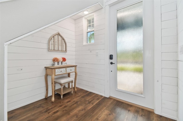 entrance foyer featuring wood walls and dark hardwood / wood-style floors