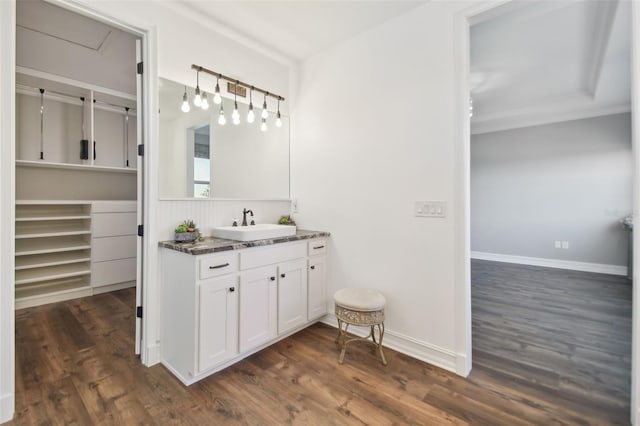 bathroom featuring vanity, ornamental molding, and hardwood / wood-style floors