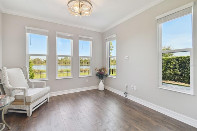 unfurnished room with a water view, a wealth of natural light, and dark hardwood / wood-style flooring