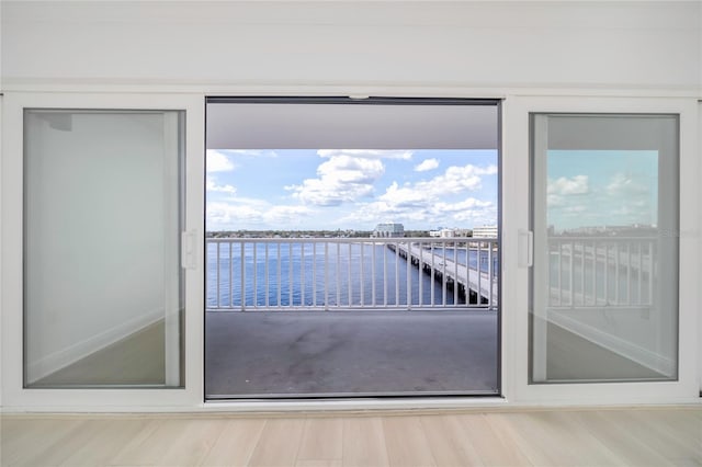 entryway featuring a water view and hardwood / wood-style floors