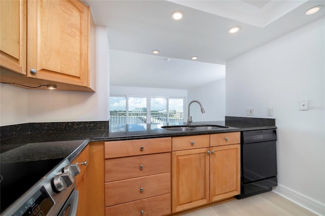 kitchen featuring dishwasher, kitchen peninsula, dark stone counters, sink, and electric stove