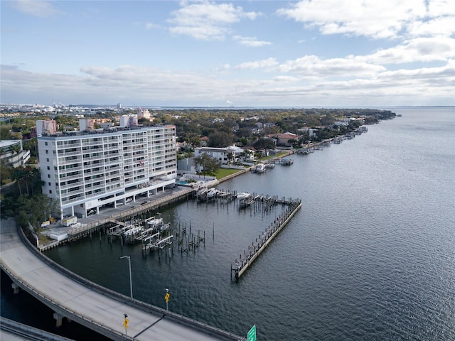 drone / aerial view featuring a water view