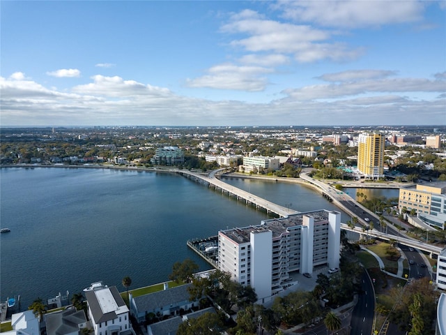 drone / aerial view featuring a water view