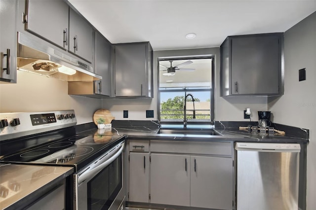 kitchen with gray cabinets, ceiling fan, sink, and appliances with stainless steel finishes