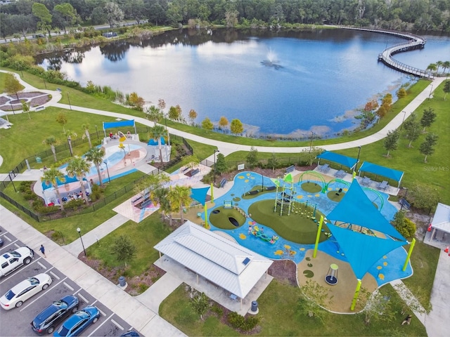 drone / aerial view featuring a water view