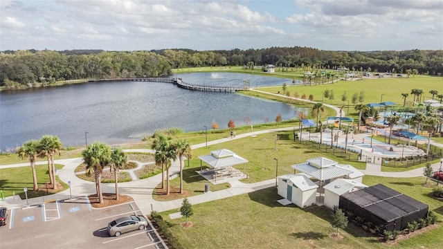 bird's eye view with a water view