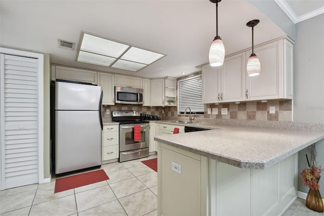 kitchen with stainless steel appliances, kitchen peninsula, hanging light fixtures, light tile patterned floors, and backsplash