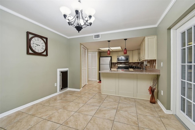 kitchen with stainless steel appliances, sink, kitchen peninsula, light tile patterned floors, and decorative backsplash