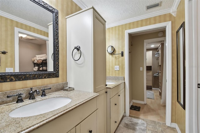 bathroom featuring vanity, a textured ceiling, and crown molding