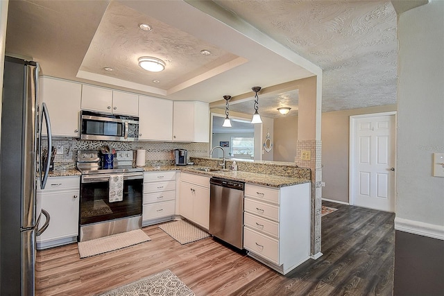 kitchen with a raised ceiling, sink, white cabinets, stainless steel appliances, and light stone countertops