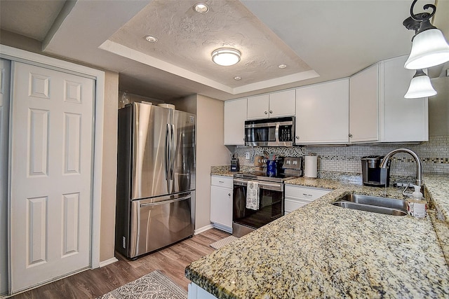 kitchen with a raised ceiling, sink, white cabinets, hanging light fixtures, and stainless steel appliances