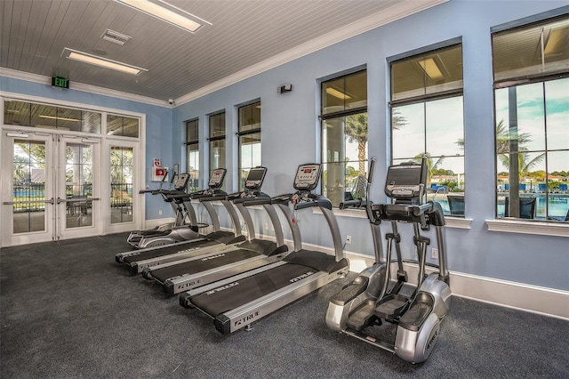 exercise room with plenty of natural light, crown molding, french doors, and baseboards