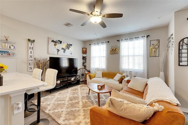 living room featuring wood-type flooring and ceiling fan