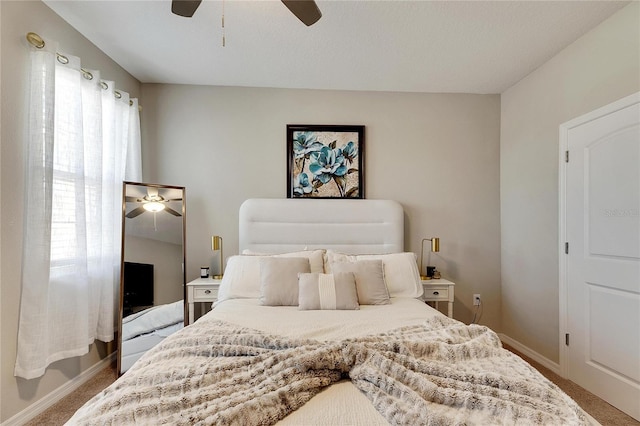 bedroom featuring carpet floors and ceiling fan