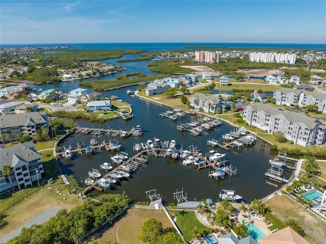 aerial view featuring a water view