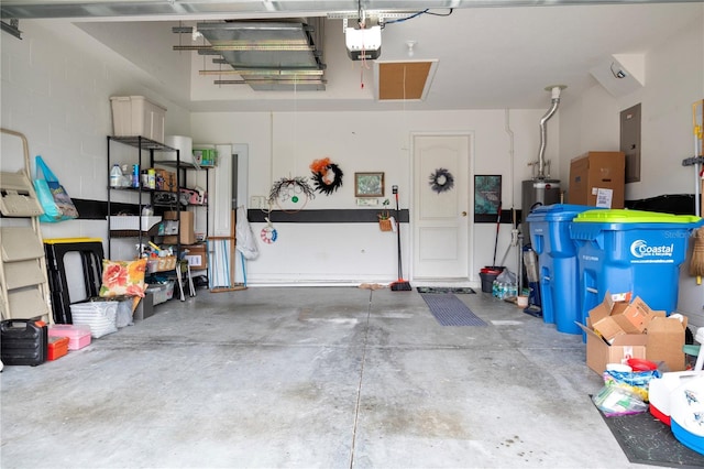 garage featuring electric panel and a garage door opener