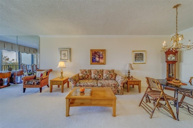 living room featuring ornamental molding, a chandelier, carpet, and a textured ceiling