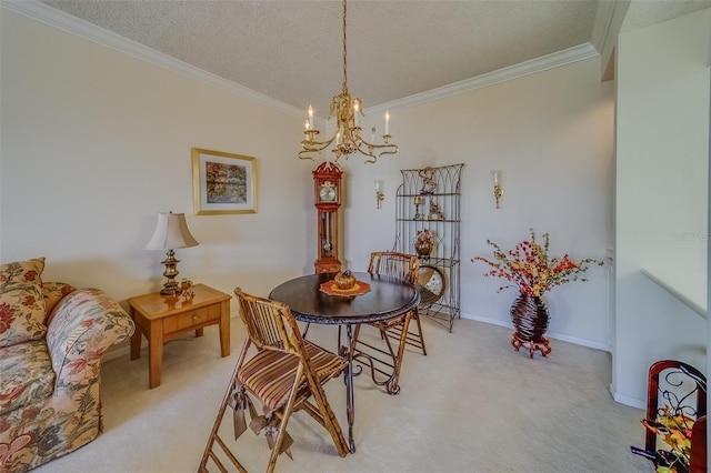 dining room with ornamental molding, light carpet, and a textured ceiling