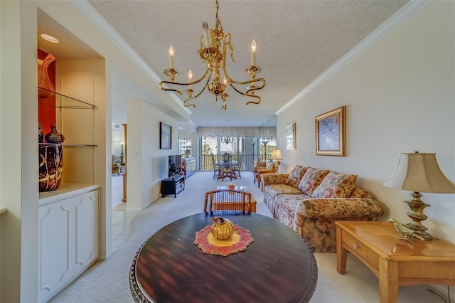 tiled living room with crown molding, a chandelier, and a textured ceiling