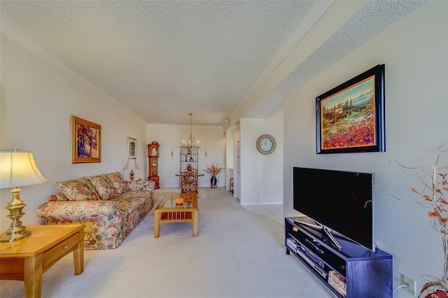 carpeted living room featuring crown molding, a chandelier, and a textured ceiling