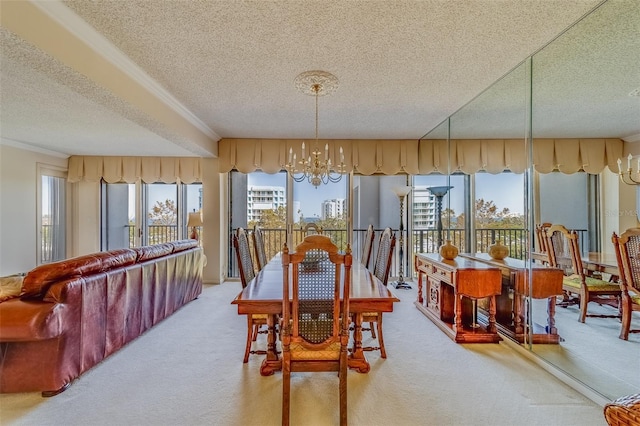 dining space featuring light carpet, a notable chandelier, and a textured ceiling