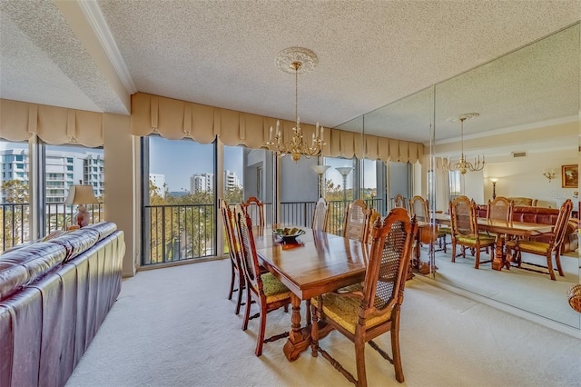 carpeted dining space featuring crown molding, a textured ceiling, and a chandelier