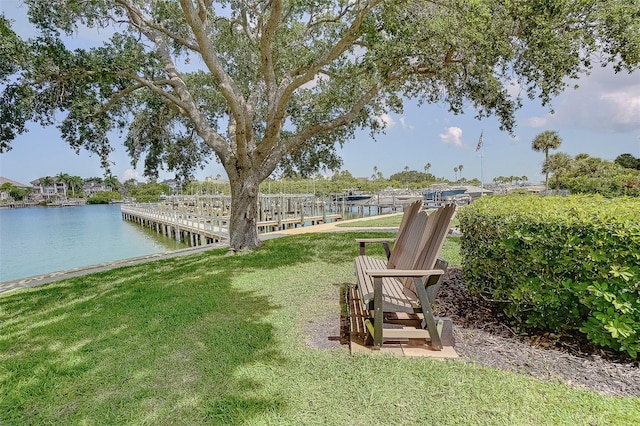 view of yard with a water view and a boat dock