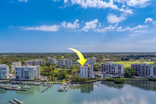 drone / aerial view featuring a water view