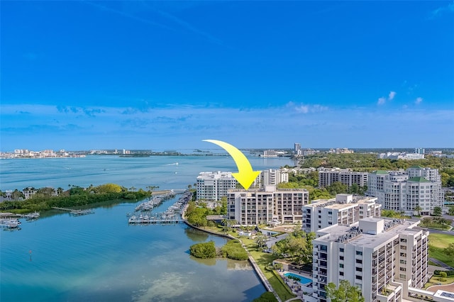 drone / aerial view with a water view