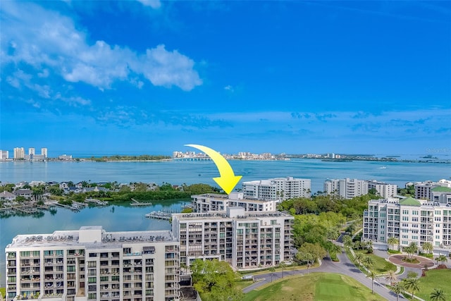 aerial view featuring a water view