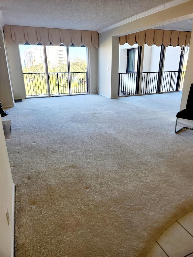 spare room with ornamental molding, carpet floors, and a textured ceiling