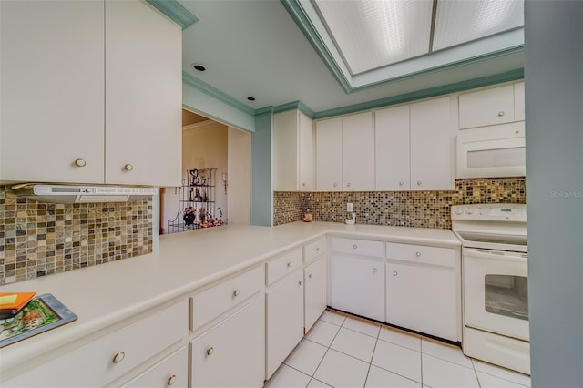 kitchen featuring white cabinetry, white appliances, tasteful backsplash, and light tile patterned floors