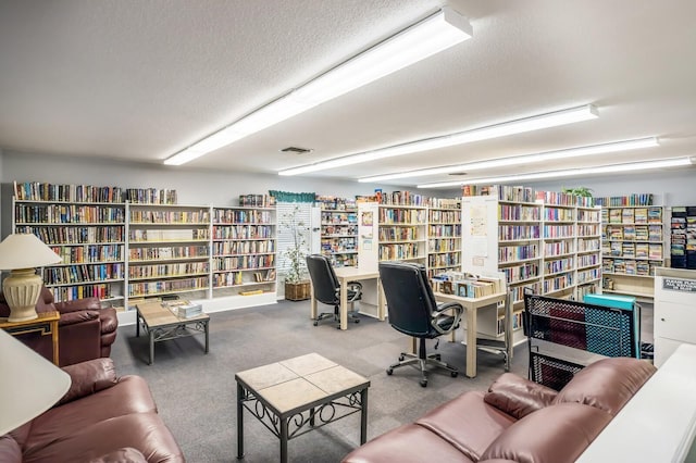 carpeted office featuring a textured ceiling